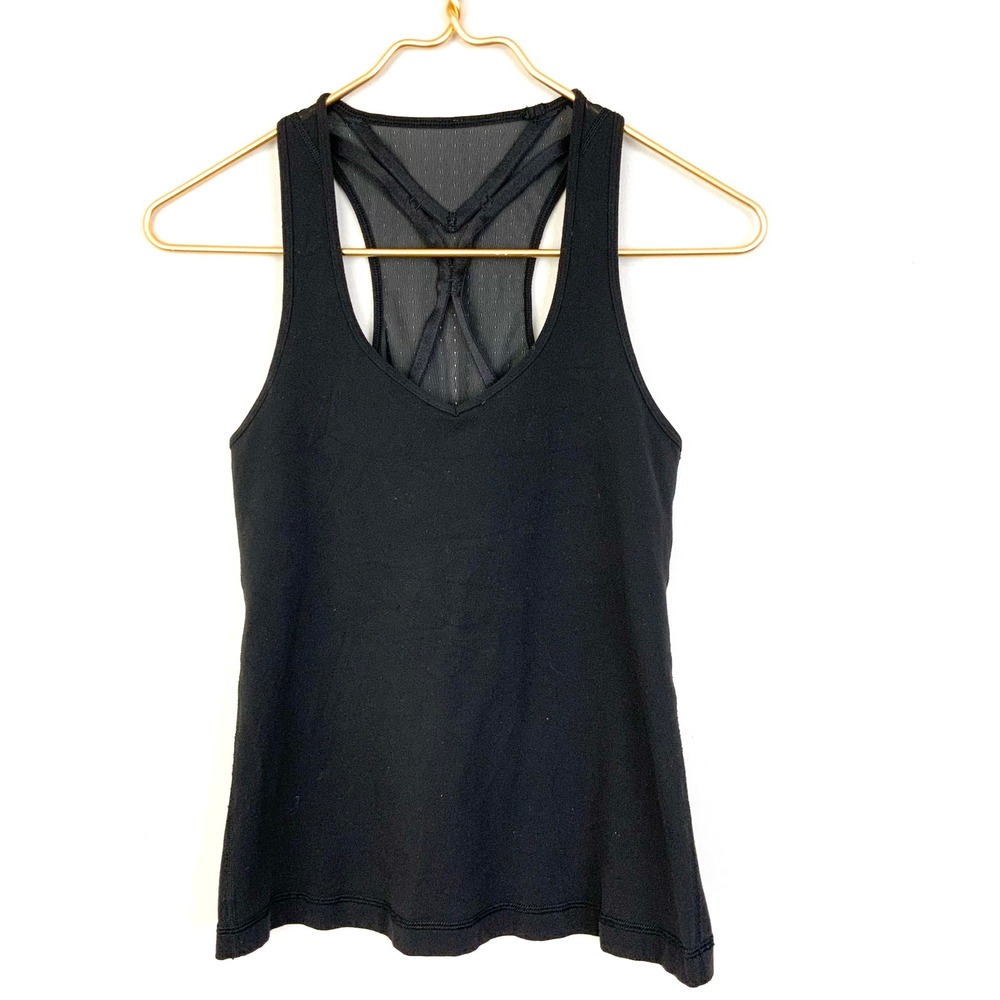 Lululemon Sz 6 Black Athletic Tank Top Built in Bra Perforated Sheer Back